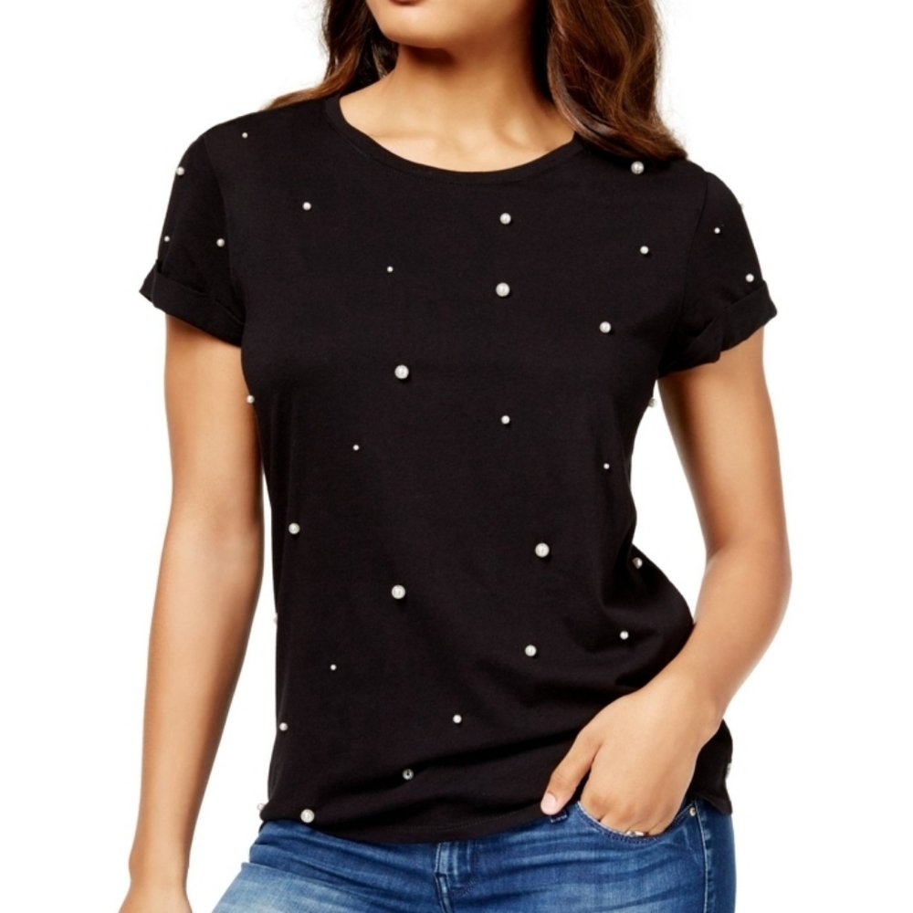 Guess Faux Pearl Scoop Neck Black Tee Shirt